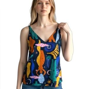 Can Tao -Brazil Native‎ Print V- Neck Silky Tank Top Women’s S 100% Viscose